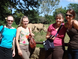 Hanging out with the Rhinos at the Wildlife Sanctuary (From Left to Right: Rose, Rachel, Me, and Marie)